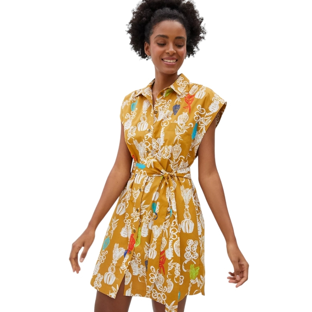 MAEVE ANTHRO Toni Tunic Dress M Tropical Tiki Print Button Down Shirt Dress - Picture 3 of 16